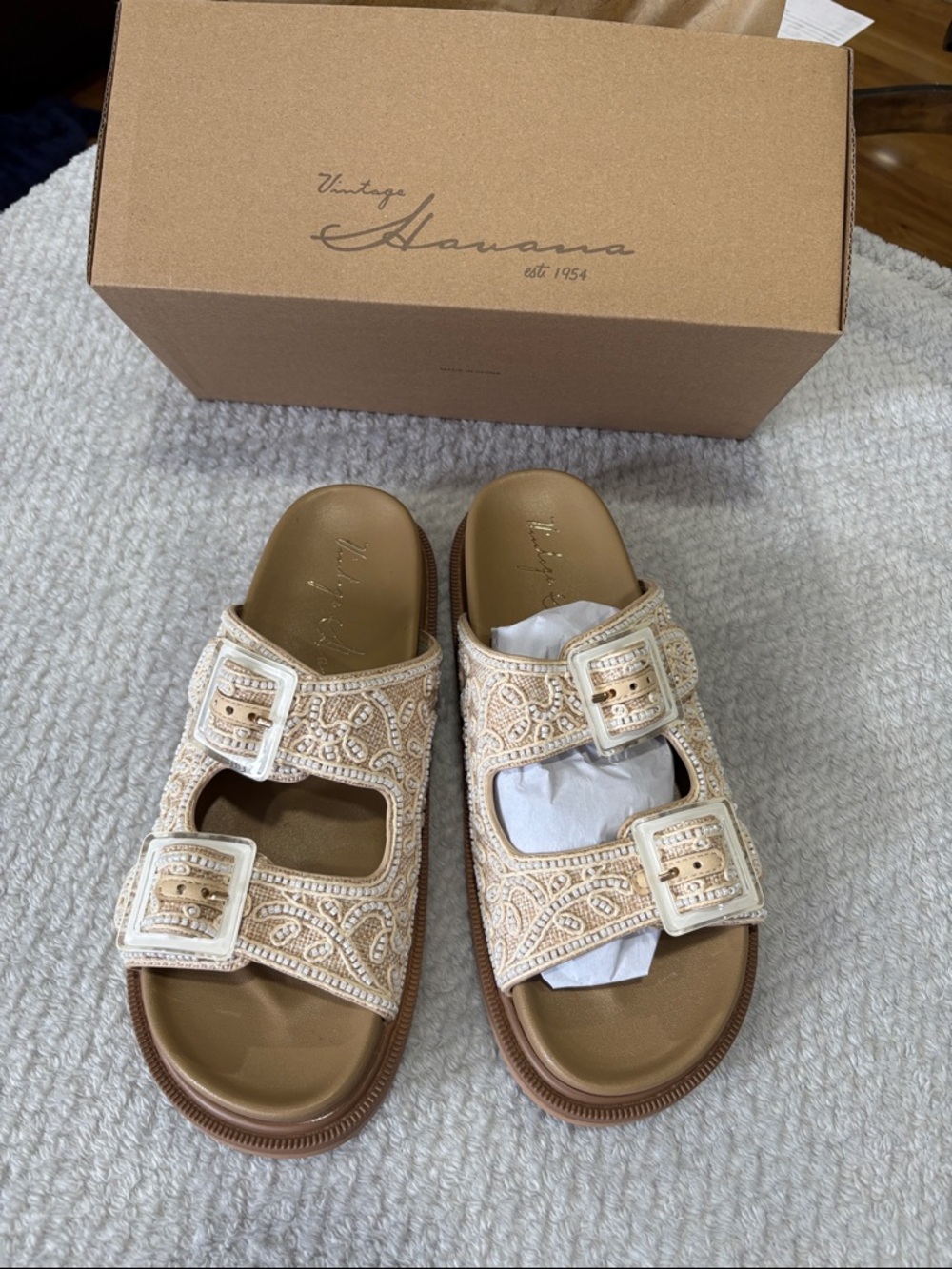 Vintage Havana Beige Embellished Double-Buckle Slide Sandals